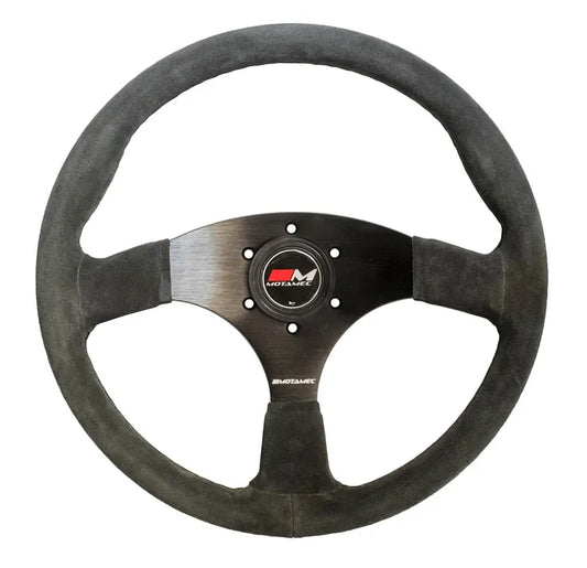 Motamec Race Rally Steering Wheel Flat Spoke 350mm Dark Grey Suede Black Spoke