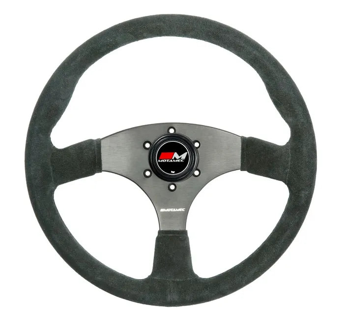 Motamec Race Rally Steering Wheel Flat Spoke 350mm Dark Grey Suede Black Spoke